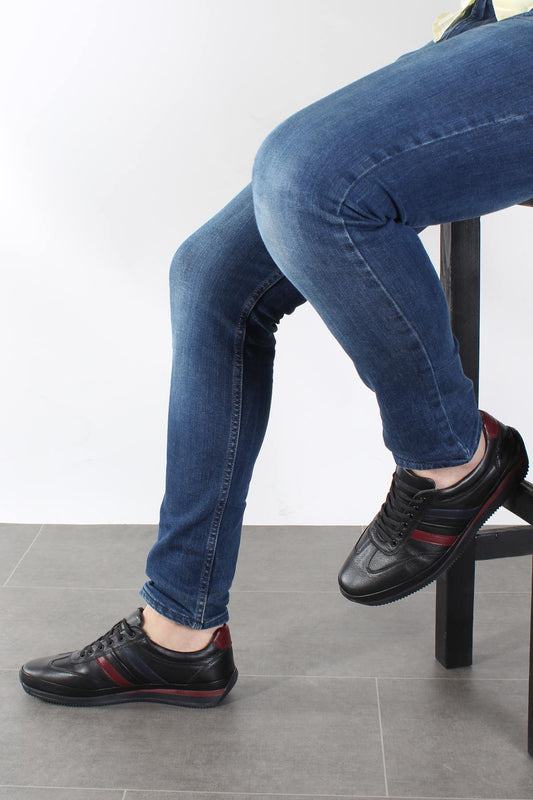 KOALA SYDNEY Men's Black Leather Sneakers with Red and Navy Stripes