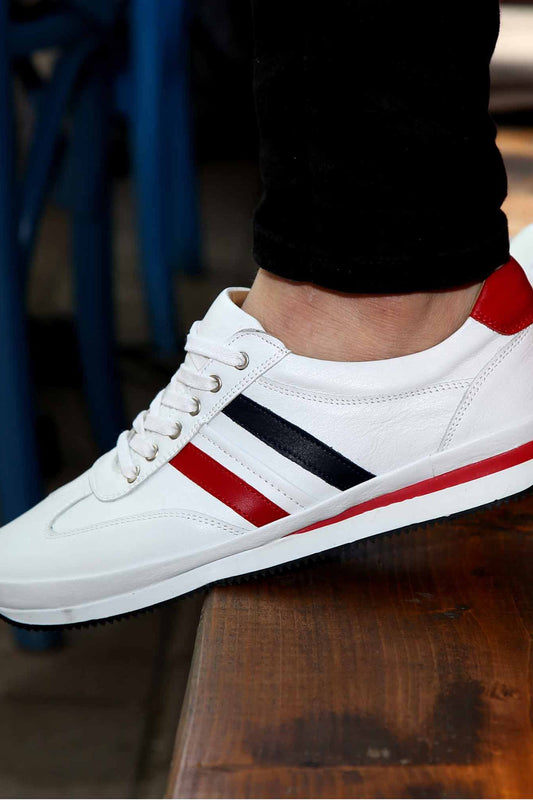 KOALA SYDNEY Men's White Leather Sneakers with Red and Navy Stripes