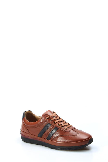Men's Brown Leather Sneakers with Dual Black Stripes - Wessi