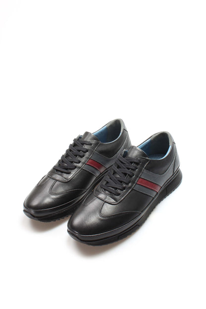Men's Dark Brown Leather Sneakers with Burgundy Stripe