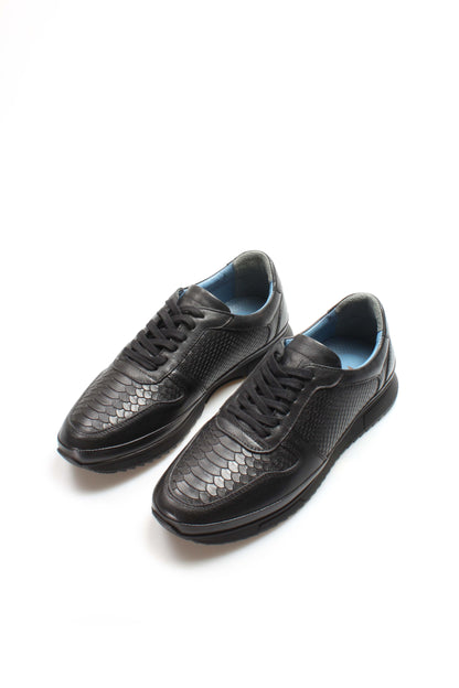 Men's Black Leather Textured Sneakers-Wessi