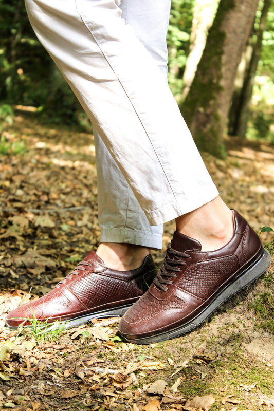 Men's Brown Leather Sneakers with Embossed Croc Texture