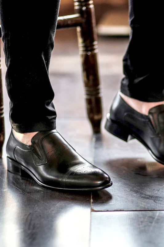 KOALA SYDNEY Men's Black Leather Slip-On Formal Loafers with Perforated Design
