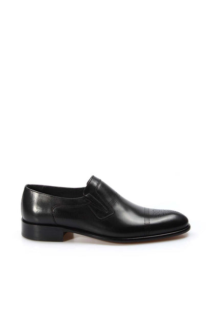 Men's Black Leather Slip-On Formal Loafers with Perforated Design