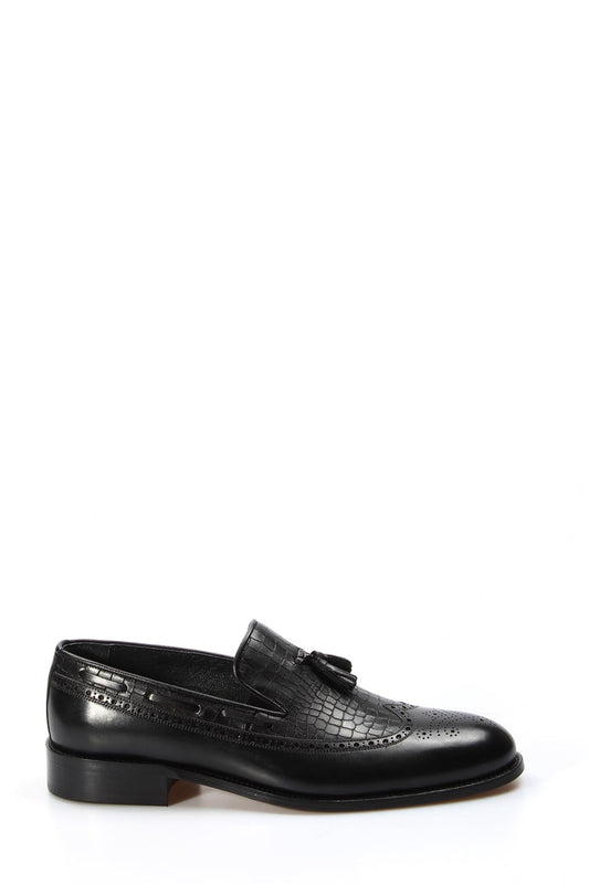 KOALA SYDNEY Men's Black Crocodile Embossed Leather Loafers with Tassel Detail and Brogue Accents