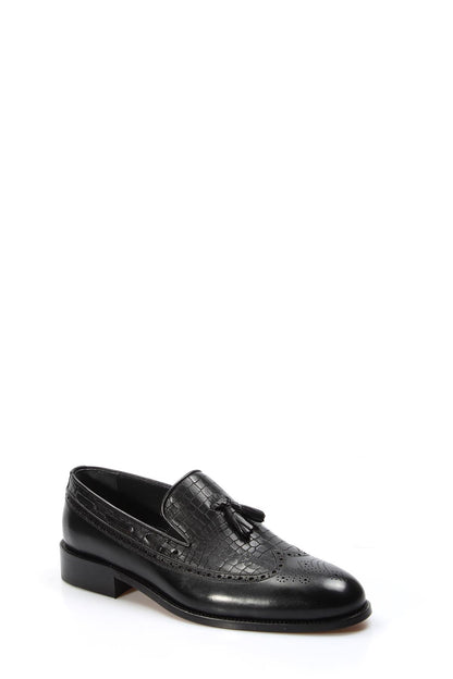 Men's Black Crocodile Embossed Leather Loafers with Tassel Detail and Brogue Accents - Wessi