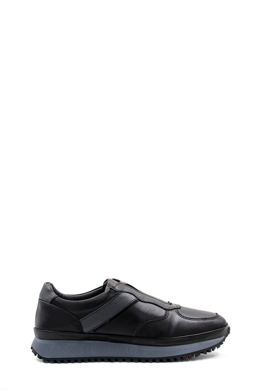 KOALA SYDNEY Men's Black Leather Slip-On Sneakers with Fur Lining and Grey Sole