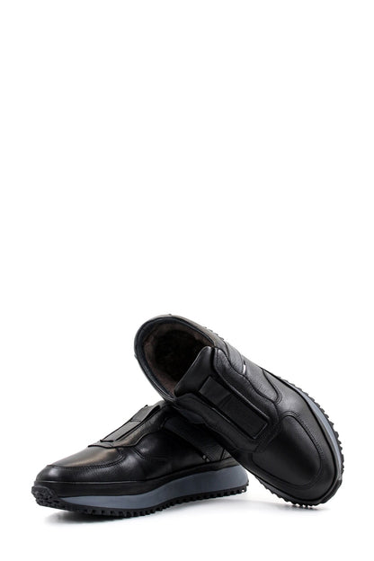 KOALA SYDNEY Men's Black Leather Slip-On Sneakers with Fur Lining and Grey Sole