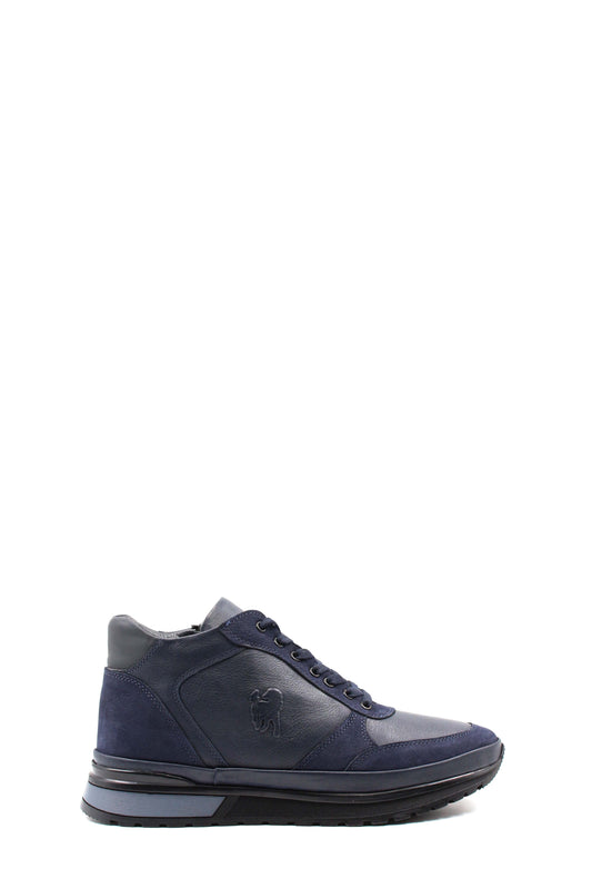 KOALA SYDNEY Men's Navy Blue Leather Sneakers with Side Zipper and Fur Lining