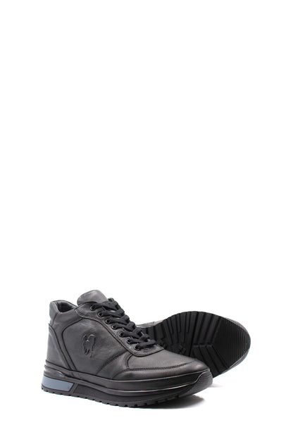 KOALA SYDNEY Men's Black Leather High-Top Sneakers with Zip Closure and Fur Lining