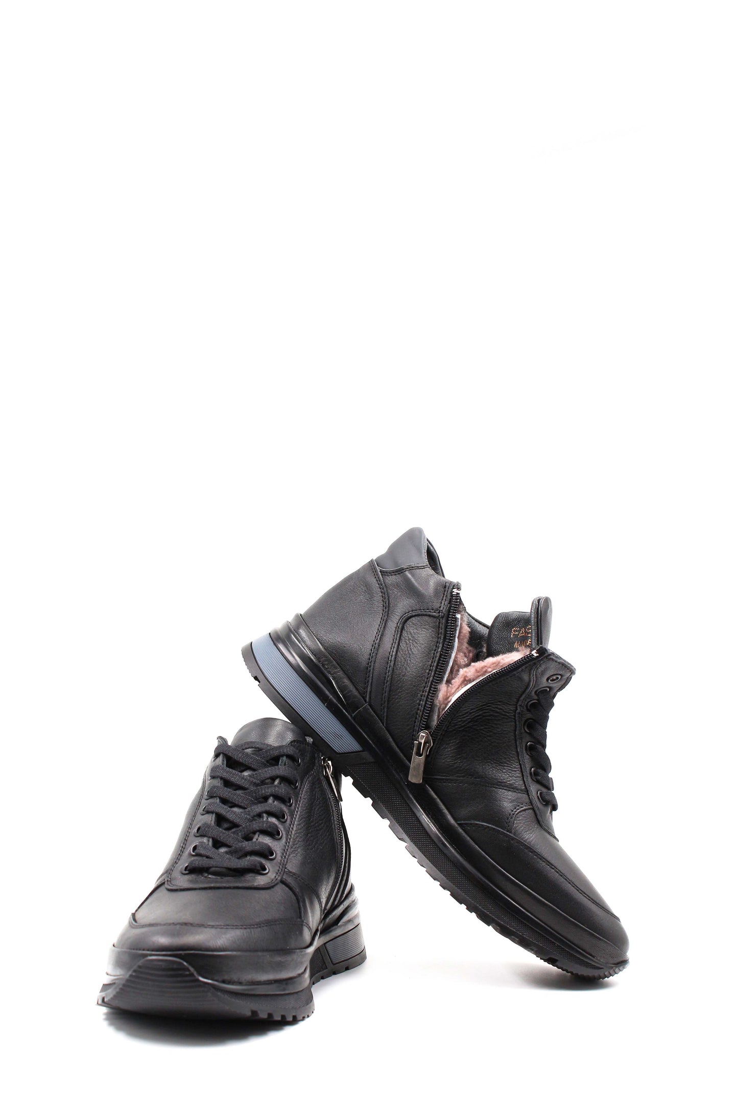 KOALA SYDNEY Men's Black Leather High-Top Sneakers with Zip Closure and Fur Lining