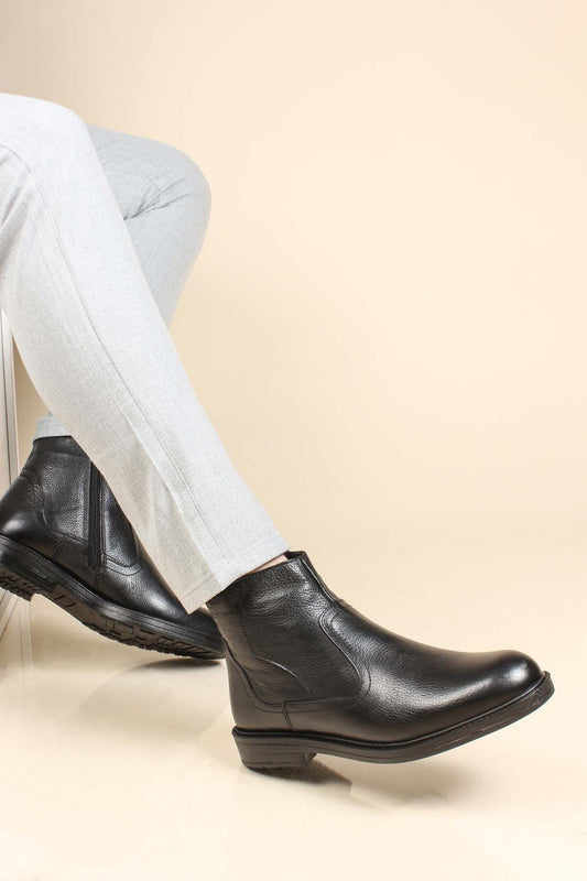 KOALA SYDNEY Men's Black Leather Ankle Boots with Side Zipper
