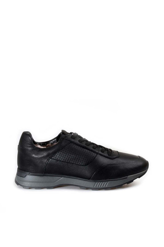 KOALA SYDNEY Men's Black Leather Casual Sneakers with Grey Sole and Fur Lining