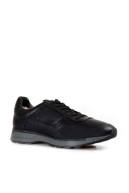Men's Black Leather Casual Sneakers with Grey Sole and Fur Lining - Wessi