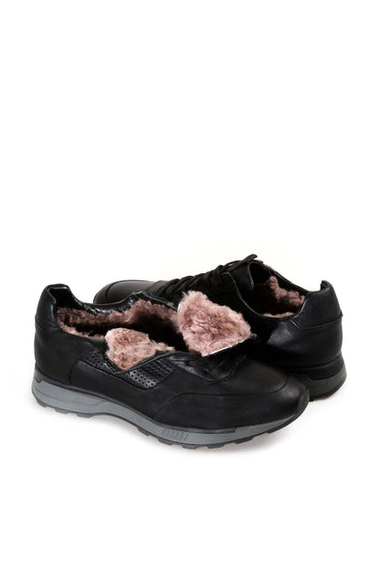 Men's Black Leather Casual Sneakers with Grey Sole and Fur Lining