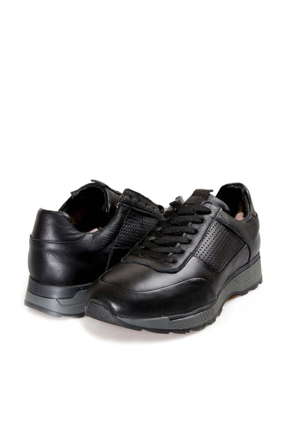 Men's Black Leather Casual Sneakers with Grey Sole and Fur Lining - Wessi