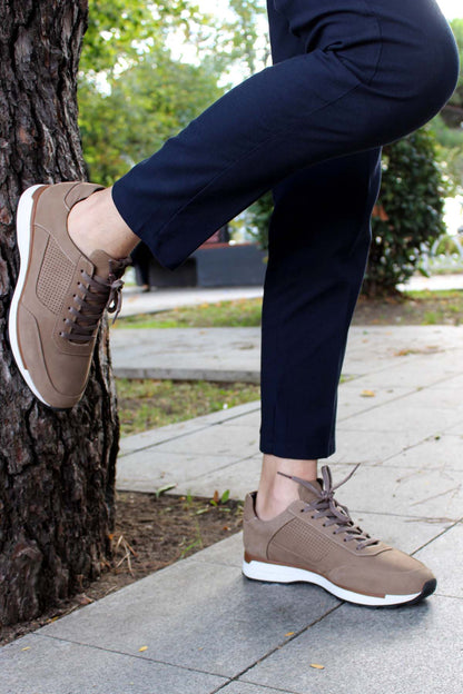 KOALA SYDNEY Men's Beige Suede Sneakers with Perforated Detailing and White Sole