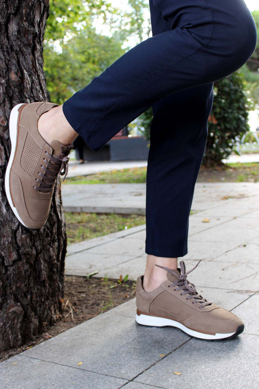 KOALA SYDNEY Men's Beige Suede Sneakers with Perforated Detailing and White Sole