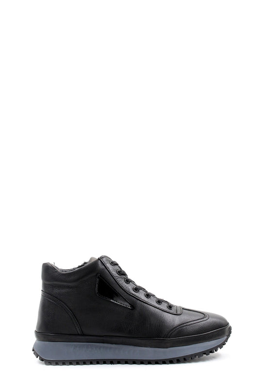 KOALA SYDNEY Men's Black Leather High-Top Sneakers with Ribbed Sole