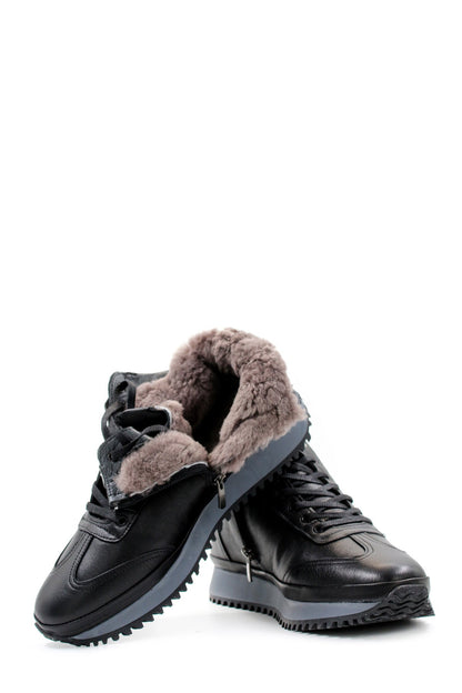Men's Black Leather High-Top Sneakers with Ribbed Sole - Wessi