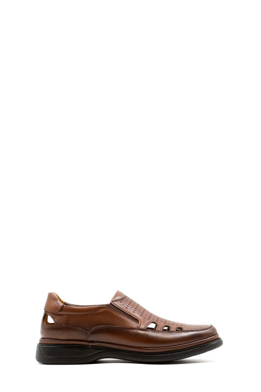 Men's Brown Leather Perforated Slip-On Shoes-Wessi