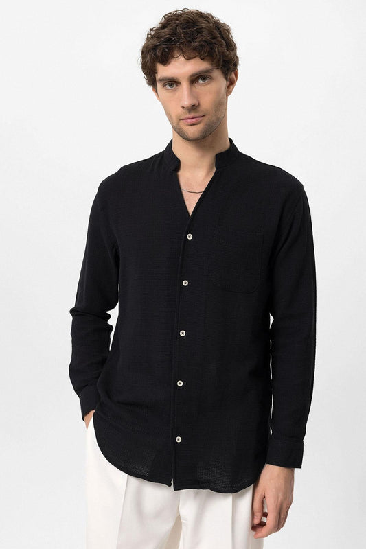 Men's Black Judge Collar Knitted Textured Shirt -