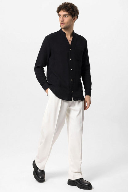 Men's Black Judge Collar Knitted Textured Shirt