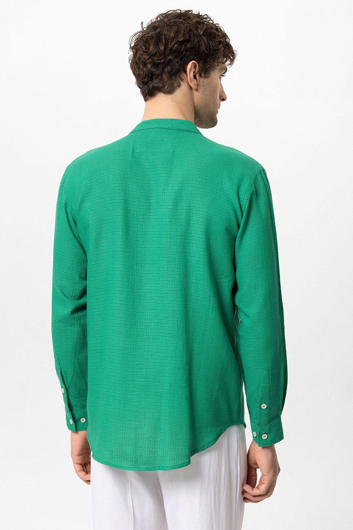 Men's Duck Green Judge Collar Knitted Textured Shirt