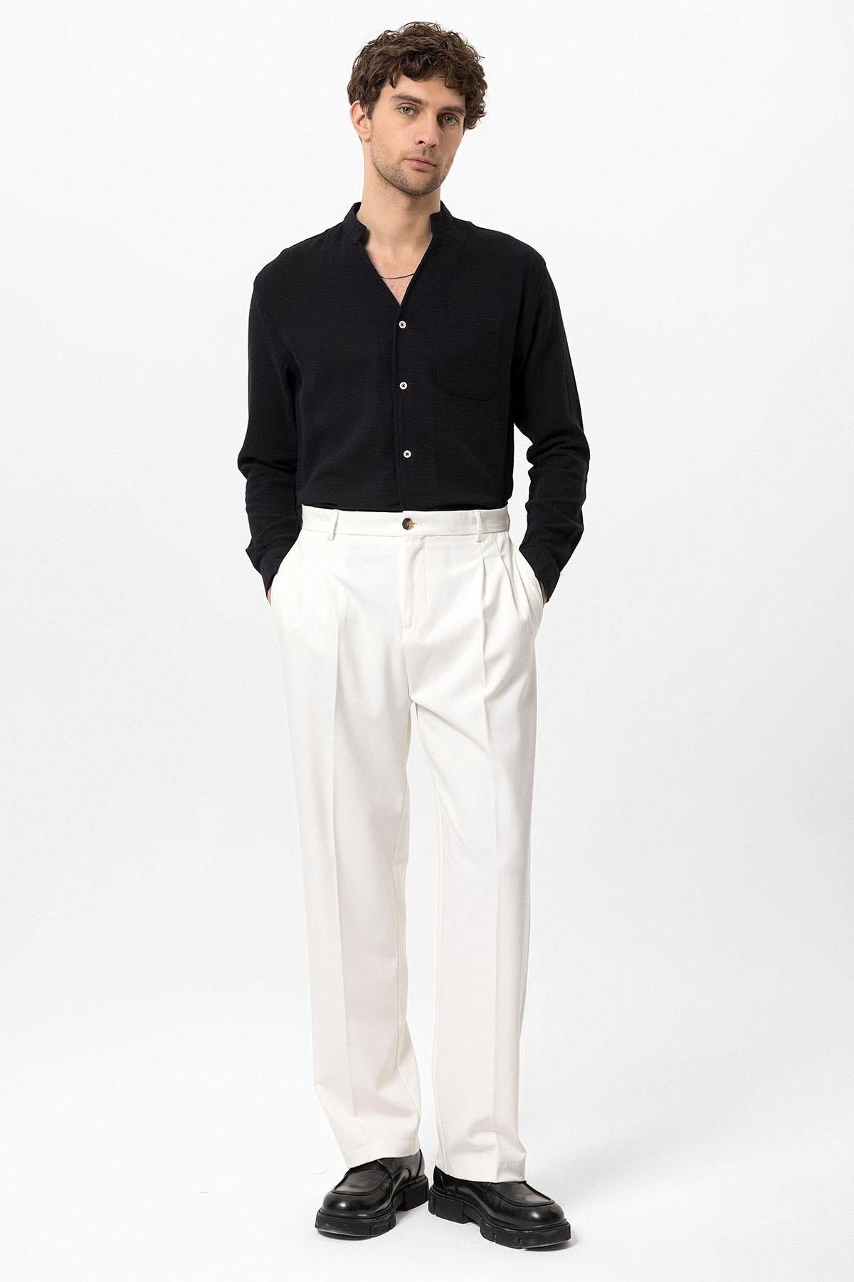 Men's Black Judge Collar Knitted Textured Shirt