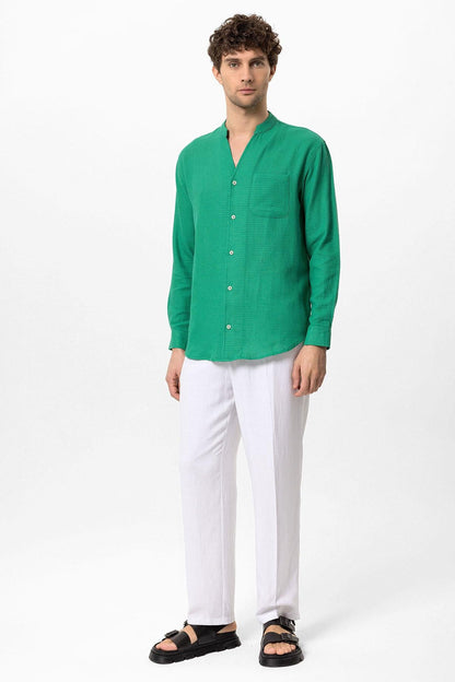 Men's Duck Green Judge Collar Knitted Textured Shirt