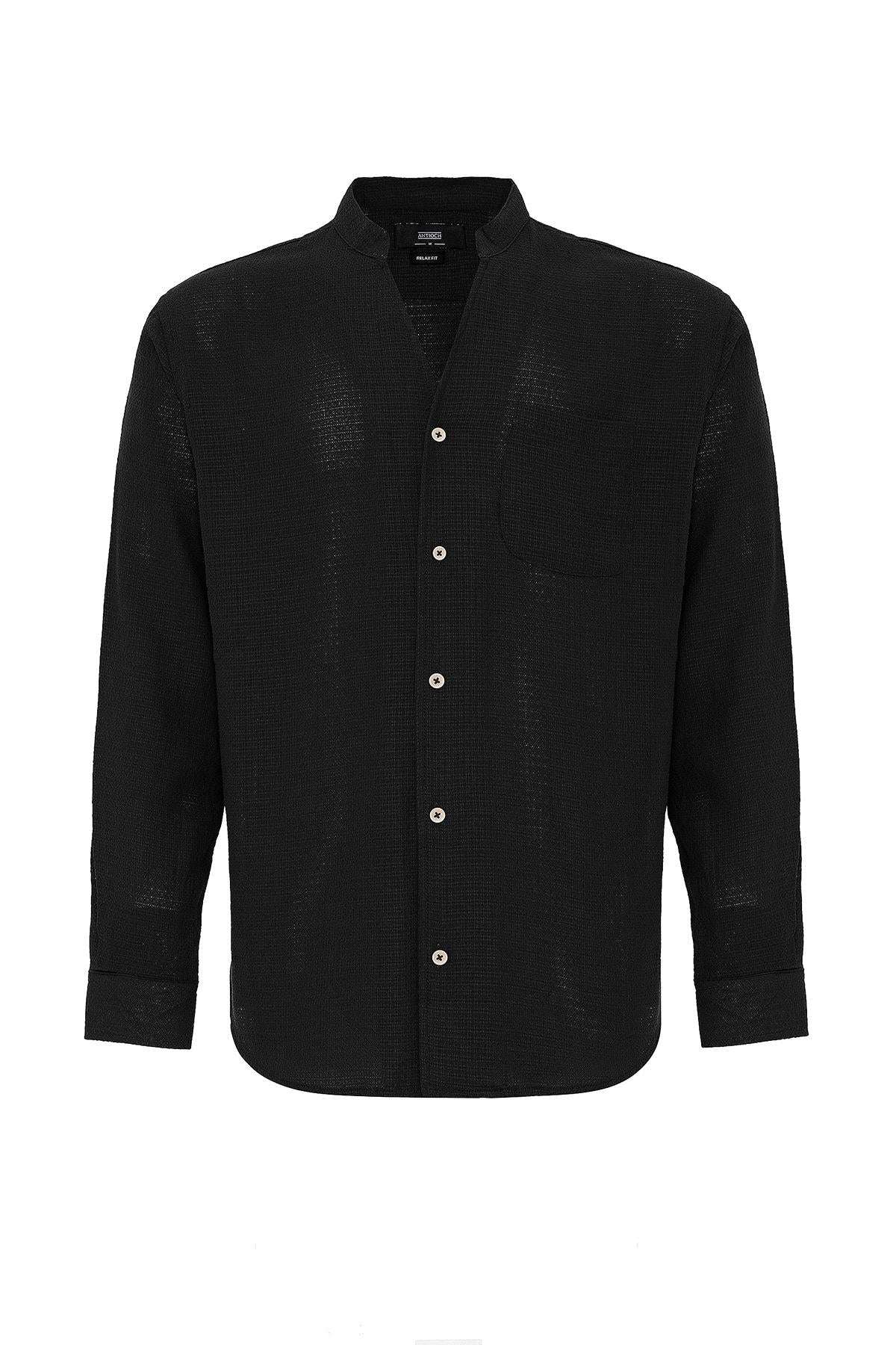 Men's Black Judge Collar Knitted Textured Shirt
