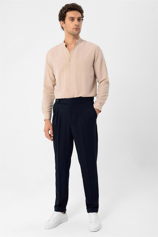 Men's Beige Judge Collar Long Sleeve Shirt -