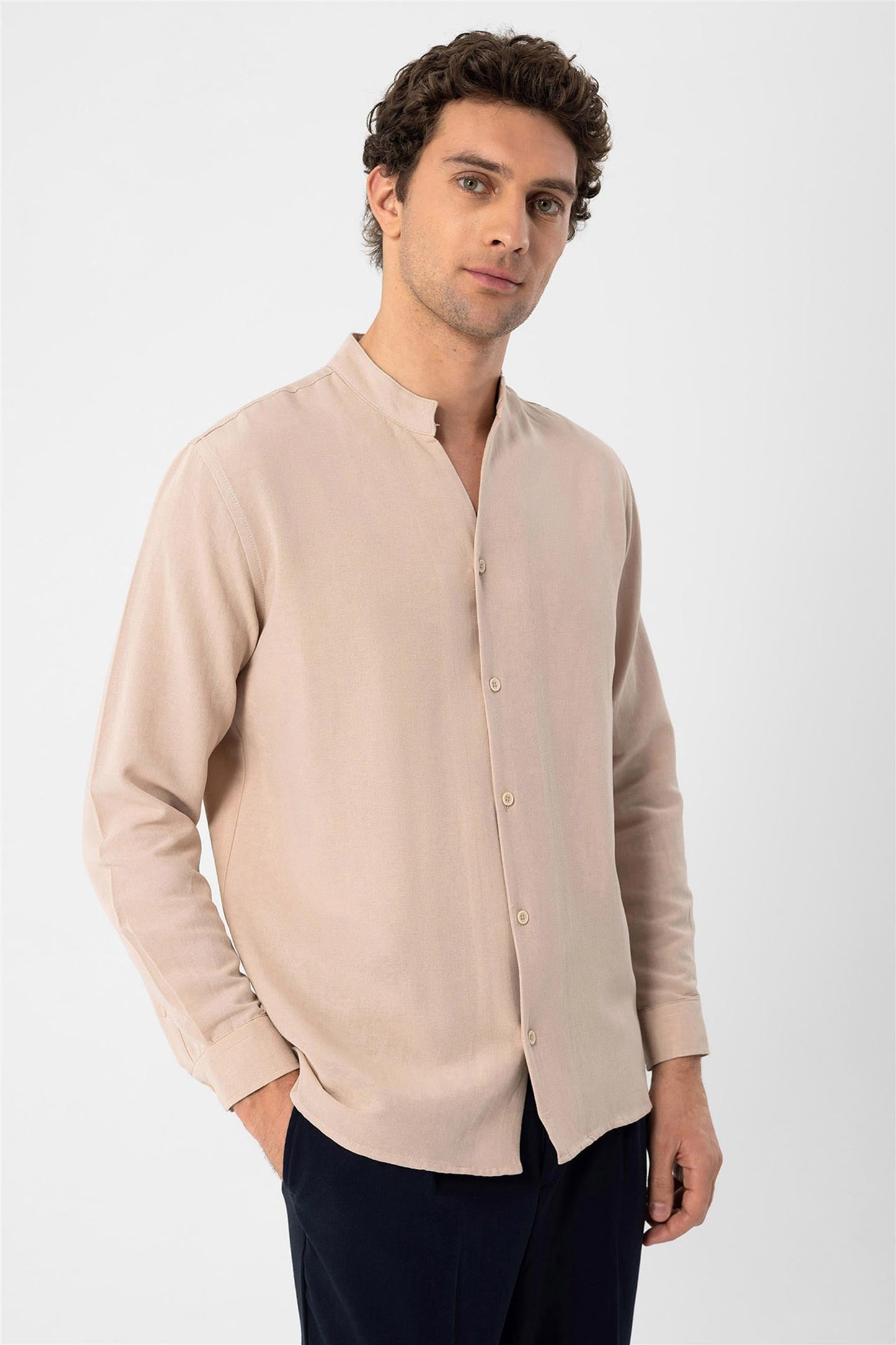 Men's Beige Judge Collar Long Sleeve Shirt