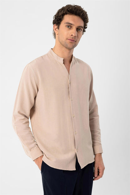 Men's Beige Judge Collar Long Sleeve Shirt
