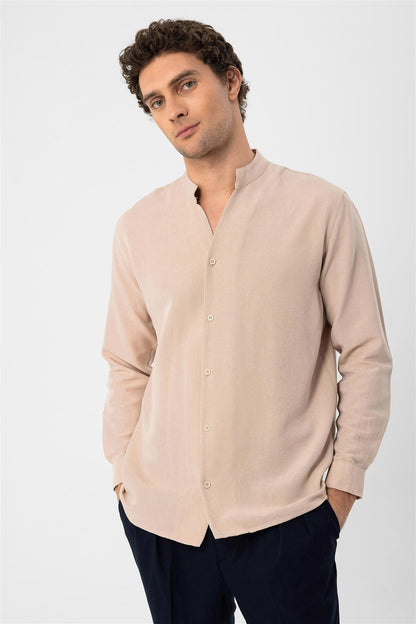 Men's Beige Judge Collar Long Sleeve Shirt