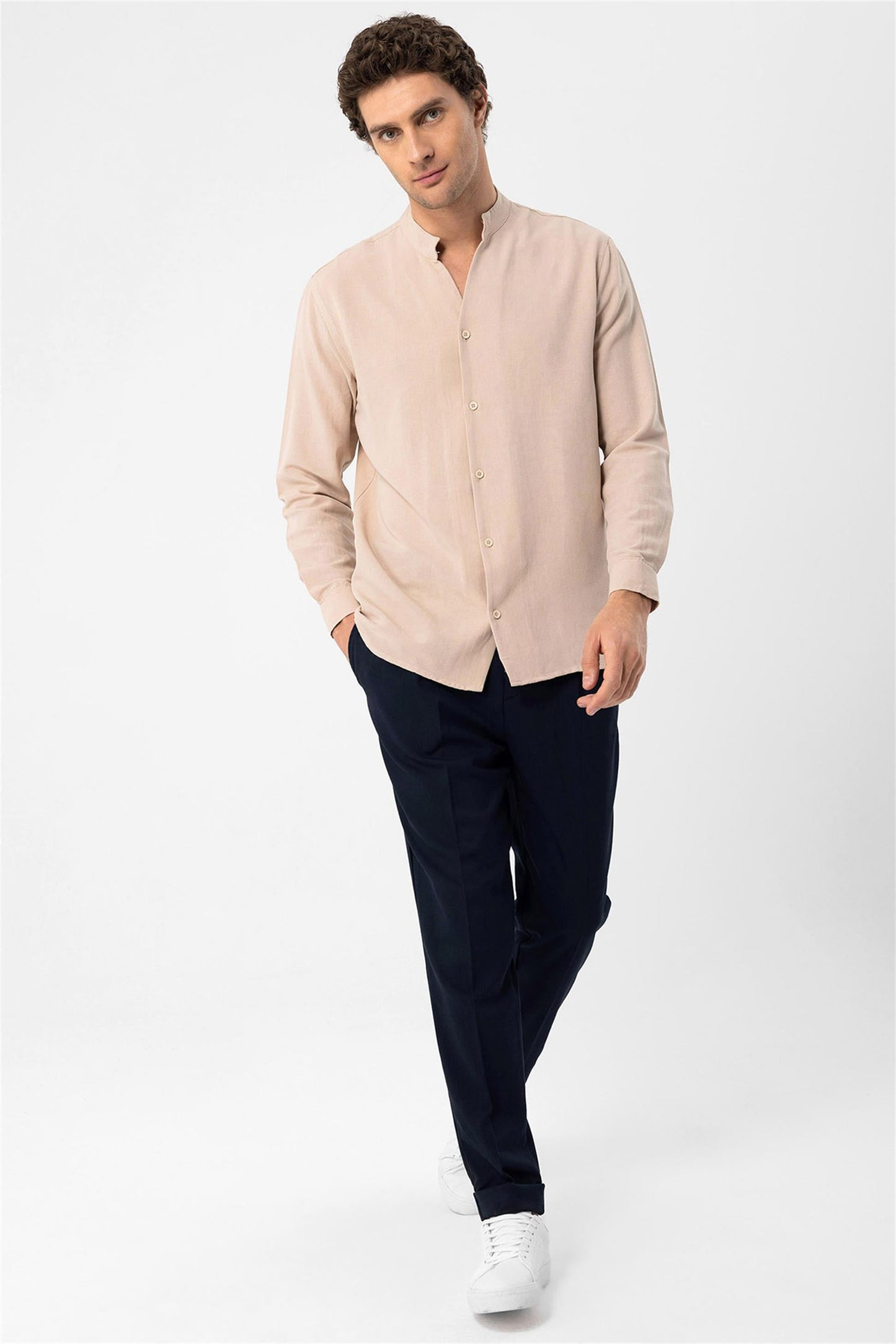 Men's Beige Judge Collar Long Sleeve Shirt