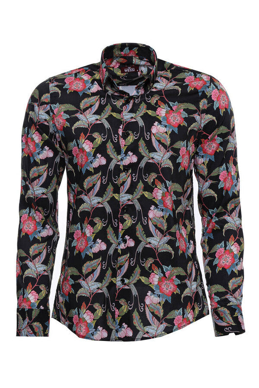 KOALA SYDNEY  Hummingbird And Floral Patterned Long Sleeves Black Men Shirt -