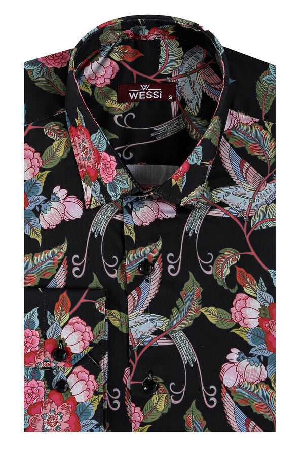 KOALA SYDNEY  Hummingbird And Floral Patterned Long Sleeves Black Men Shirt -