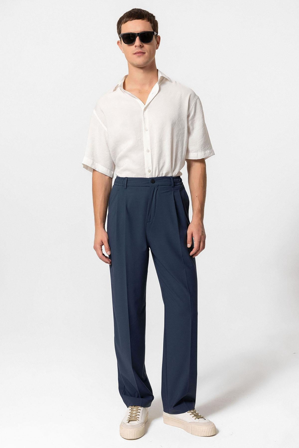 Men's Indigo Elastic Waist High-Waist Pleated Pants