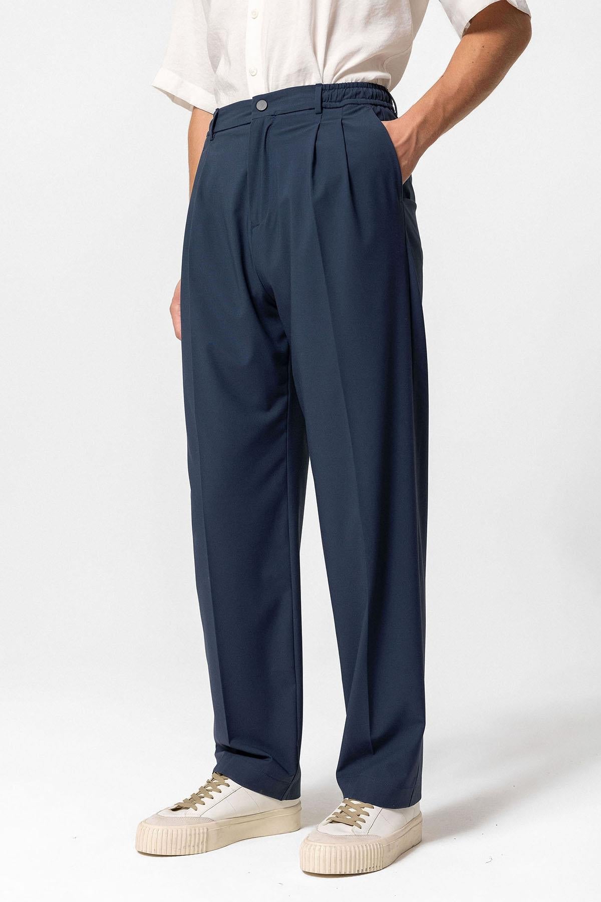 Men's Indigo Elastic Waist High-Waist Pleated Pants