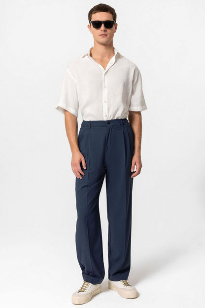 Men's Indigo Elastic Waist High-Waist Pleated Pants