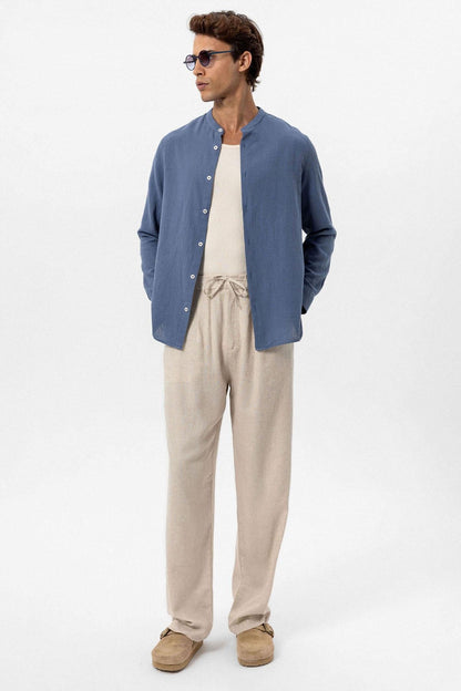 Men's Indigo Mandarin Collar Woven Shirt