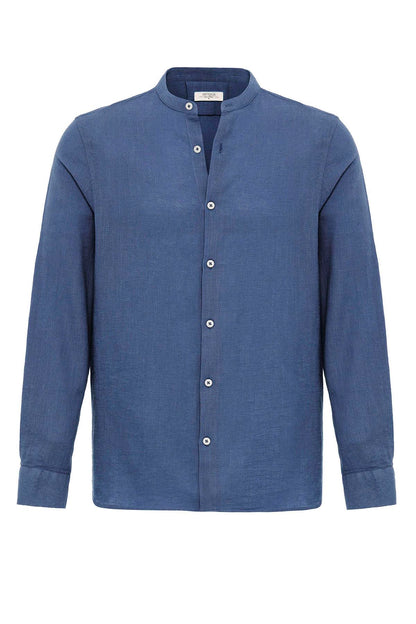 Men's Indigo Mandarin Collar Woven Shirt