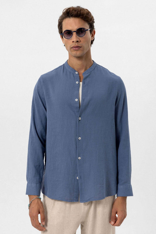 Men's Indigo Mandarin Collar Woven Shirt -