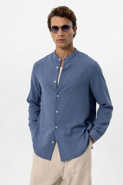 Men's Indigo Mandarin Collar Woven Shirt