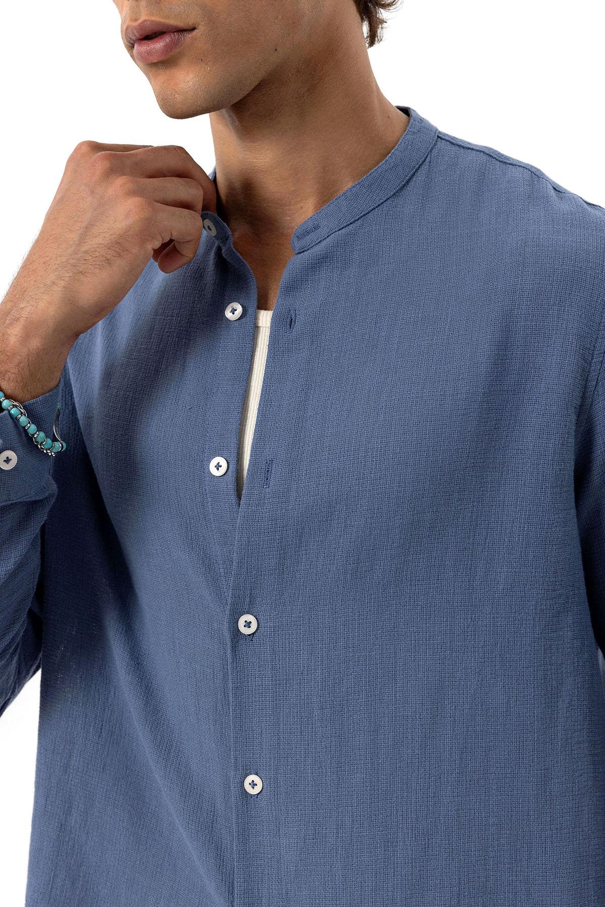 Men's Indigo Mandarin Collar Woven Shirt