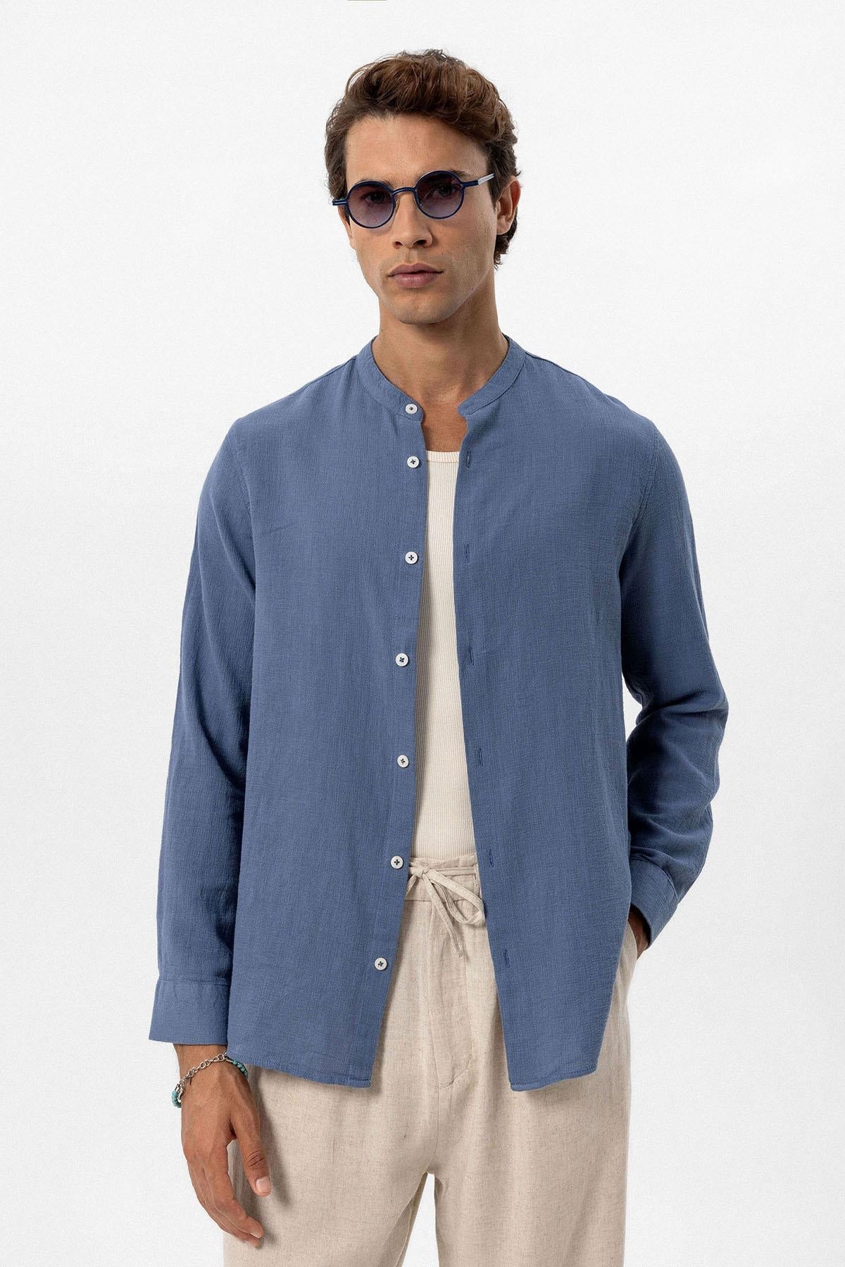 Men's Indigo Mandarin Collar Woven Shirt