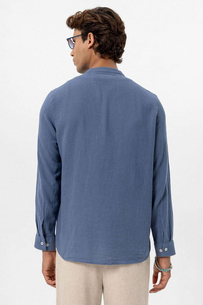 Men's Indigo Mandarin Collar Woven Shirt