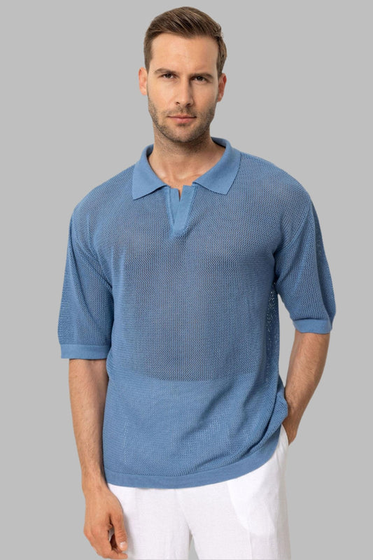 Men's Indigo Polo Neck Knit T-Shirt - Wessi