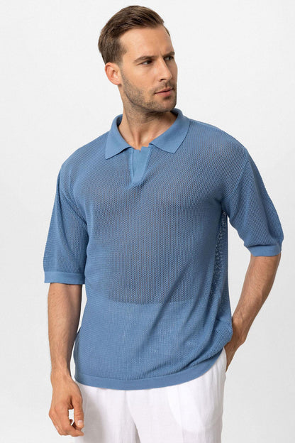 KOALA SYDNEY Men's Indigo Polo Neck Knit T-Shirt